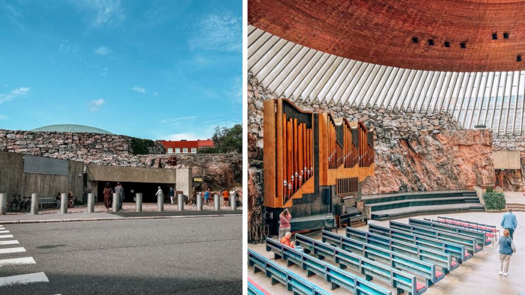 Collage di due immagini della Chiesa di Temppeliaukio a Helsinki, Finlandia. A sinistra, la facciata esterna integrata in una collina rocciosa con un ingresso moderno in cemento e una cupola di rame visibile in cima. A destra, l'interno maestoso scavato nel granito con pareti di roccia naturale, un grande organo a canne in legno, file di panche blu e un soffitto circolare con ampie vetrate che lasciano filtrare la luce naturale.