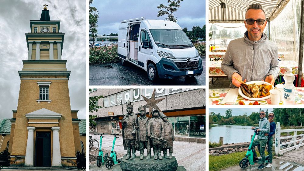 Un collage di cinque foto scattate a Oulu, in Finlandia. A sinistra, l'immagine verticale della Cattedrale di Oulu, una torre gialla e bianca con orologio sotto un cielo nuvoloso. In alto al centro, un furgone camper bianco parcheggiato vicino all'acqua, con la porta laterale aperta che mostra l'allestimento cucina e una barca a vela ormeggiata sullo sfondo. In alto a destra, un uomo sorridente seduto all'aperto che tiene un piatto di pesce fritto con patate, con una bottiglia d'acqua e biciclette visibili. In basso al centro, la scultura in bronzo dei 'Ragazzi di Oulu' (Oulun Pojat) con monopattini elettrici parcheggiati nelle vicinanze e l'edificio con la grande scritta 'OULU'. In basso a destra, una coppia che sorride su un monopattino elettrico verde acqua vicino a un corso d'acqua e un ponte di legno.