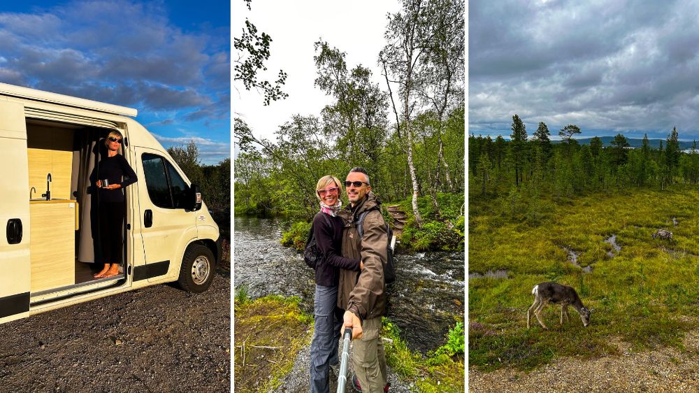 Collage di tre foto verticali scattate nel Parco Nazionale di Kevo, Finlandia. A sinistra, una donna guarda fuori dalla porta laterale aperta di un furgone camper bianco parcheggiato. Al centro, una coppia sorridente scatta un selfie su un ponte che attraversa un fiume circondato da una foresta di betulle. A destra, una renna pascola in una vasta distesa di tundra erbosa sotto un cielo nuvoloso.