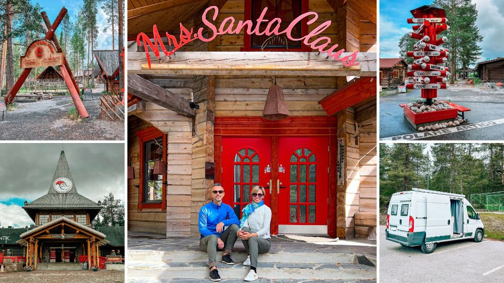 Collage di cinque immagini del Villaggio di Babbo Natale a Rovaniemi, Finlandia. Al centro, un uomo e una donna siedono sui gradini di un edificio di legno con porte rosse e l'insegna "Mrs. Santa Claus". Le foto circostanti mostrano l'imponente ufficio di Babbo Natale con la torre a punta, un alto palo indicatore con le distanze dalle città del mondo, un portale rustico in legno e un van bianco parcheggiato tra gli alberi.