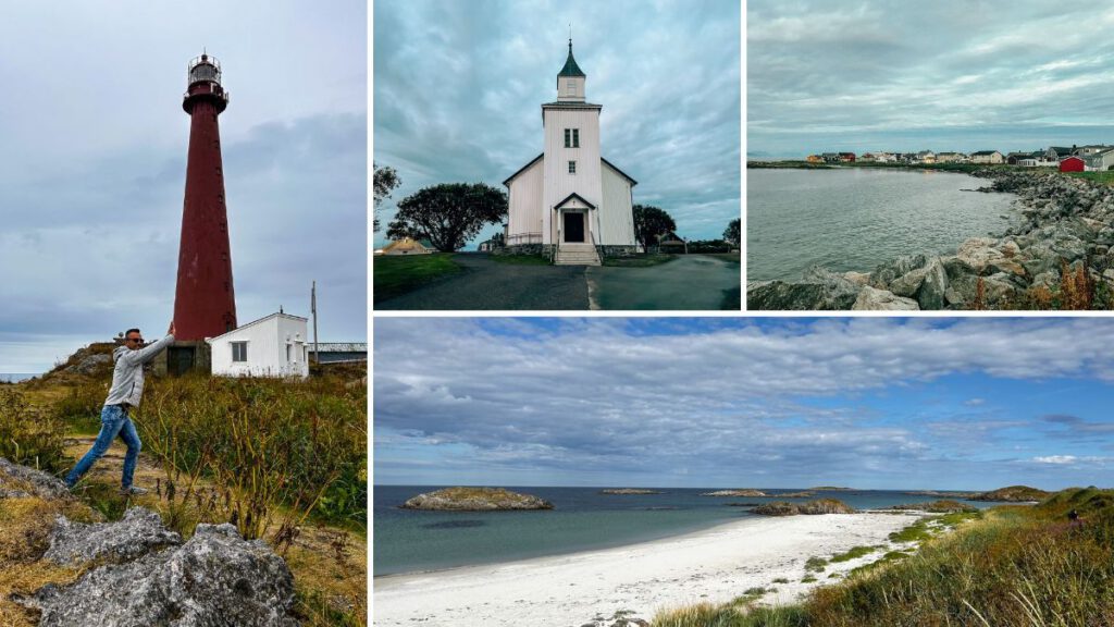 Collage di quattro immagini di Andenes, Norvegia: a sinistra, l'alto faro rosso con un uomo in posa divertente; al centro in alto, una chiesa bianca in legno sotto un cielo nuvoloso; in alto a destra, una vista sulla costa rocciosa con case colorate; in basso, una distesa di spiaggia bianca e acqua cristallina con scogli.