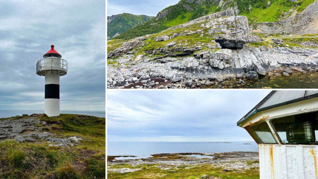 Bukkekjerka altare naturale, una caverna Bukkekjerka altare naturale, una caverna scavata nella roccia sull'isola di AndÃ¸ya e il faro adiacente.Norvegia settentrionale