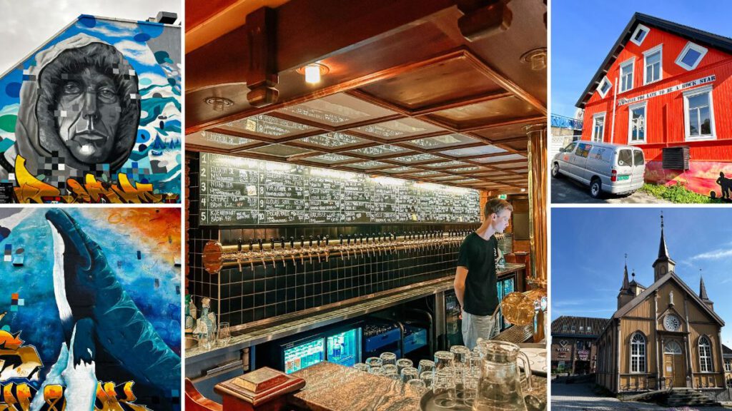 Collage di cinque immagini di Tromsø, Norvegia, che include: due opere di street art (un volto e una balena), l'interno del pub Ølhallen del birrificio Mack con una lunga fila di spine per la birra, un edificio di legno rosso con una scritta motivazionale e una chiesa storica in legno.