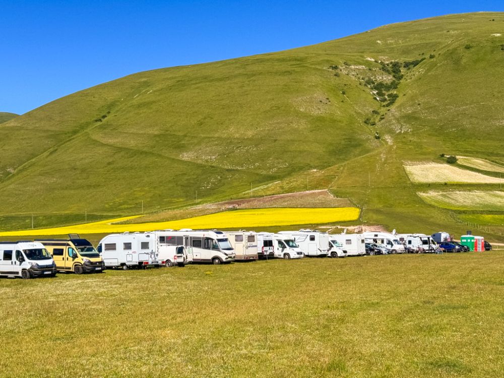 Una lunga fila ordinata di camper e van di diversi modelli parcheggiati in un vasto prato verde. Sullo sfondo, imponenti montagne verdi lussureggianti con una striscia di campo di lenticchie giallo brillante e un cielo azzurro terso.